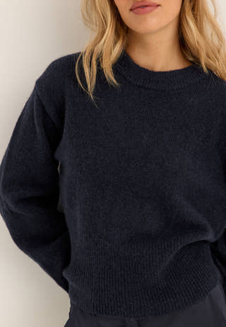 Knitted Wool Blend Wide Sleeve Sweater Blue
