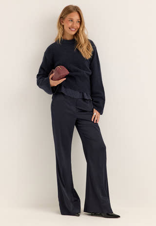 Knitted Wool Blend Wide Sleeve Sweater Blue