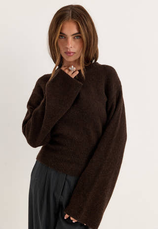 Knitted Wool Blend Wide Sleeve Sweater Brown