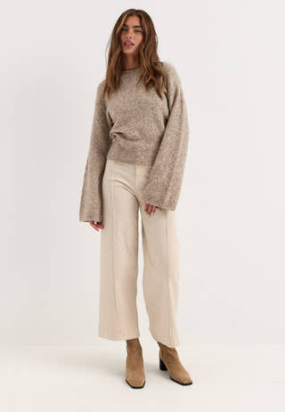 Knitted Wool Blend Wide Sleeve Sweater Beige