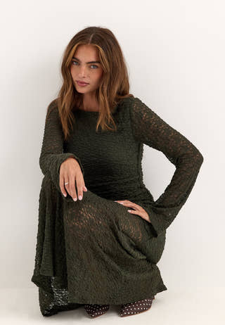 Long Sleeve Lace Maxi Dress Green