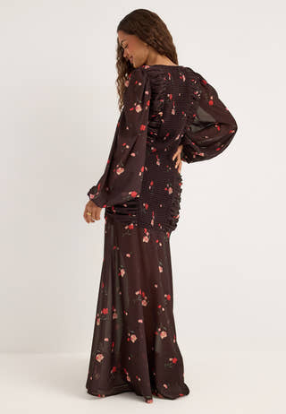 Balloon Sleeve Chiffon Maxi Dress Patterned