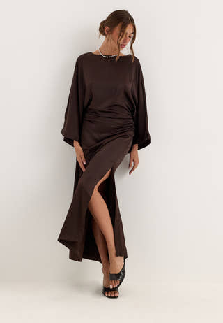 Kimono Sleeve Satin Maxi Dress Brown