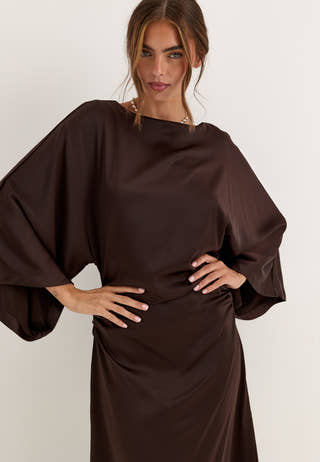 Kimono Sleeve Satin Maxi Dress Brown