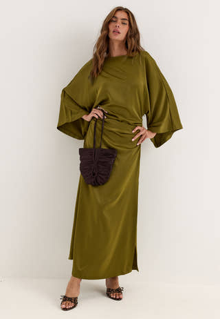 Kimono Sleeve Satin Maxi Dress Green
