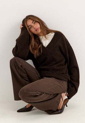 Knitted V-neck Sweater Brown