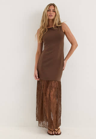 Combined Lace Maxi Dress Brown