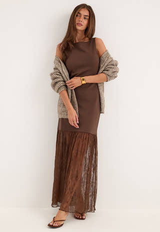Combined Lace Maxi Dress Brown