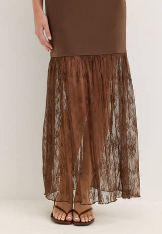 Combined Lace Maxi Dress Brown