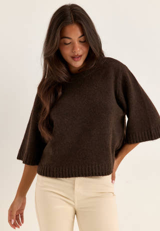 Knitted Wool Blend Short Sleeve Sweater Brown