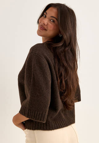 Knitted Wool Blend Short Sleeve Sweater Brown