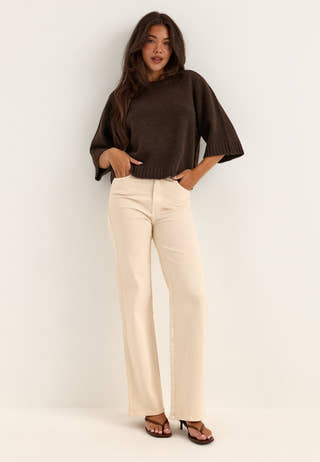 Knitted Wool Blend Short Sleeve Sweater Brown