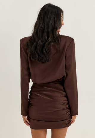 Ruched Satin Mini Dress Brown
