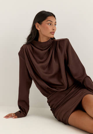 Ruched Satin Mini Dress Brown