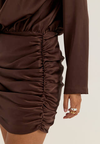 Ruched Satin Mini Dress Brown