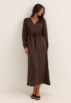 Satin Puff Sleeve Maxi Dress Brown