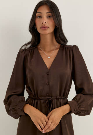 Satin Puff Sleeve Maxi Dress Brown