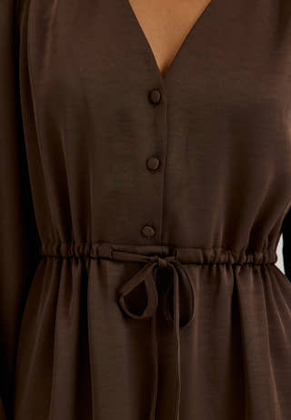 Satin Puff Sleeve Maxi Dress Brown