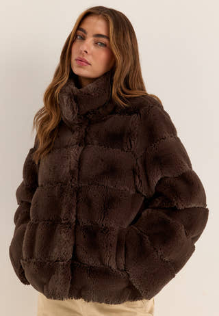 Faux fur High Collar Coat Brown