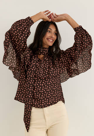 Flounce Tie Blouse Patterned