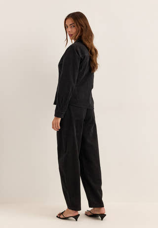 Mid Waist Corduroy Wide Trousers Black