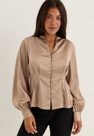 Pleated Satin Blouse Brown