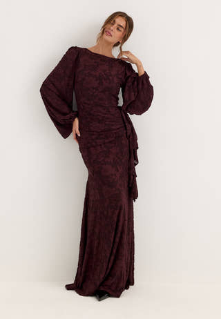 Balloon Sleeve Soft Jacquard Gown Purple