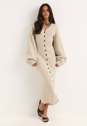 Knitted Volume Sleeve Cardigan Dress White
