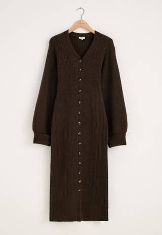 Knitted Volume Sleeve Cardigan Dress Brown