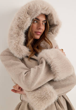 Hooded Wool Blend Coat Beige