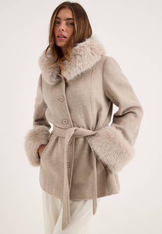 Hooded Wool Blend Coat Beige