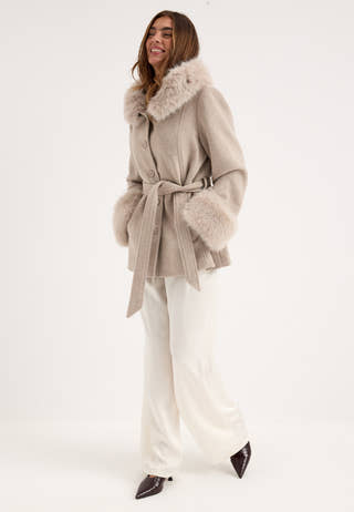 Hooded Wool Blend Coat Beige