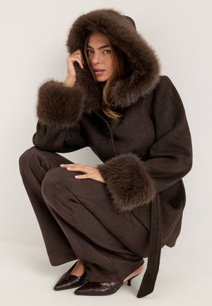 Hooded Wool Blend Coat Brown
