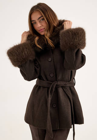 Hooded Wool Blend Coat Brown