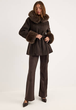 Hooded Wool Blend Coat Brown