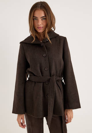 Hooded Wool Blend Coat Brown
