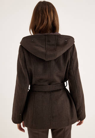 Hooded Wool Blend Coat Brown