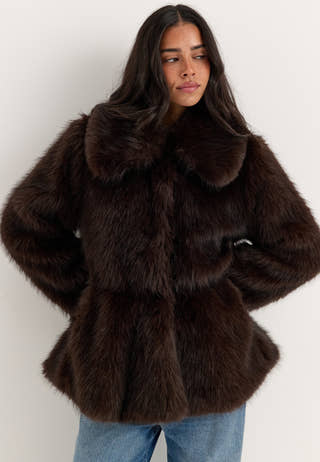 Short Peplum Faux Fur Coat Brown