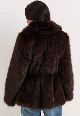 Short Peplum Faux Fur Coat Brown
