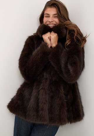 Short Peplum Faux Fur Coat Brown