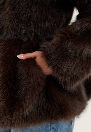 Short Peplum Faux Fur Coat Brown