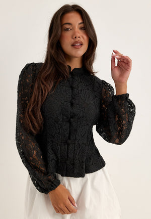 Lace Button Blouse Black