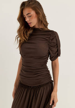 Draped Ruched Ankle Dress Brown