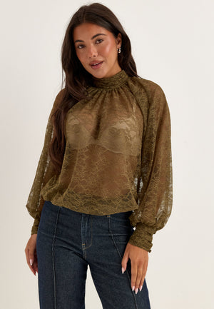 High Neck Lace Blouse Green