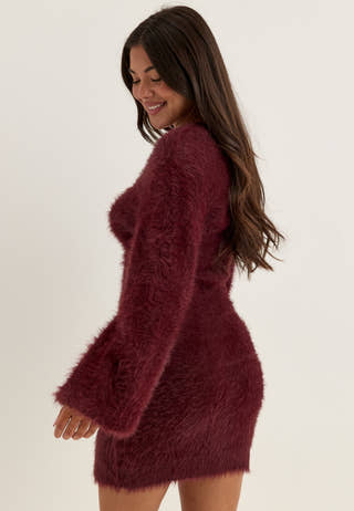 Fluffy Knitted V-neck Cardigan Dress Red