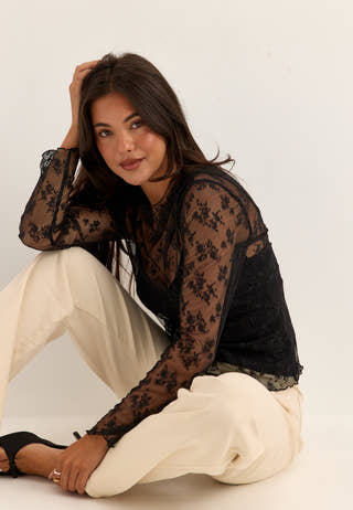 Long Sleeve Lace Top Black
