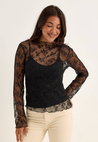 Long Sleeve Lace Top Black
