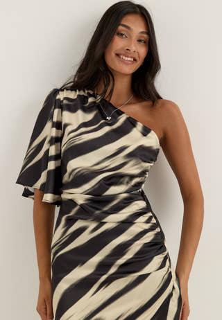 Ruched One Shoulder Satin Midi Dress Patterned