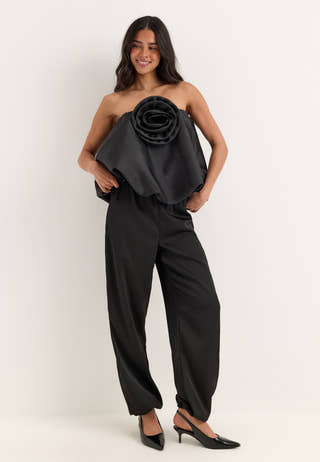 Rose Bubble-Hem Satin Mini Skirt/Top Black