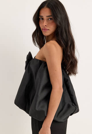 Rose Bubble-Hem Satin Mini Skirt/Top Black